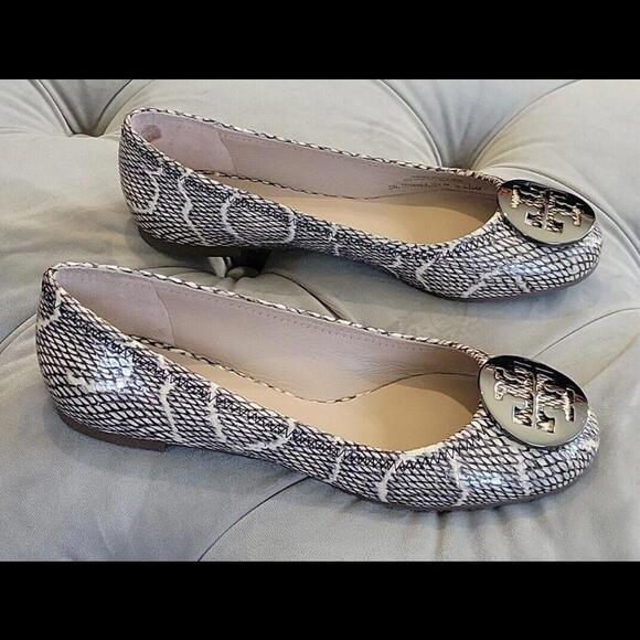 Tory Burch Reva Logo Black Pewter Cobra Ballet Flats Women Shoe 5.5 New 11158609 - Picture 6 of 14